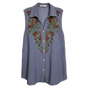 SOLITAIRE Blue White‎ Stripe Sleeveless Embroidered Collared Shirt M Boho